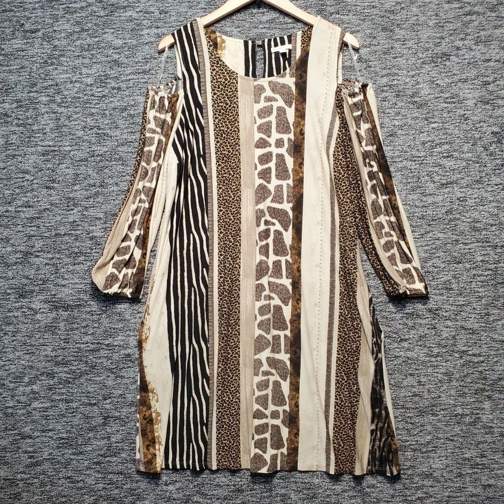 EST 1946 Mixed Animal Print Cold Shoulder Split Sleeve Tunic Dress Womens Large